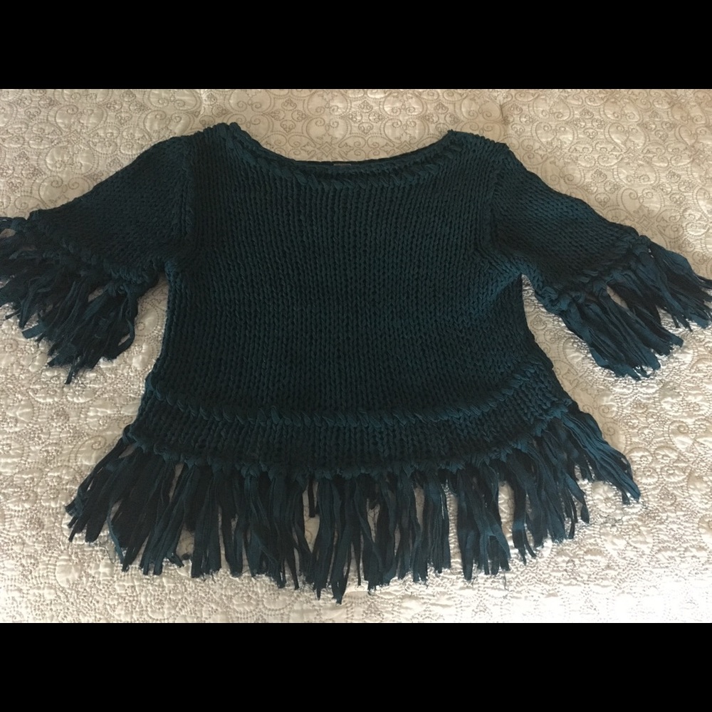 Free People green fringe sweater
